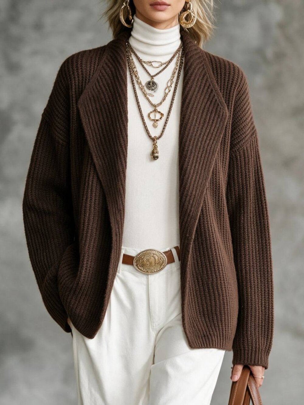 Coffee Brown Casual Women's Waterfall Collar Drop Shoulder Open Front Cardigan